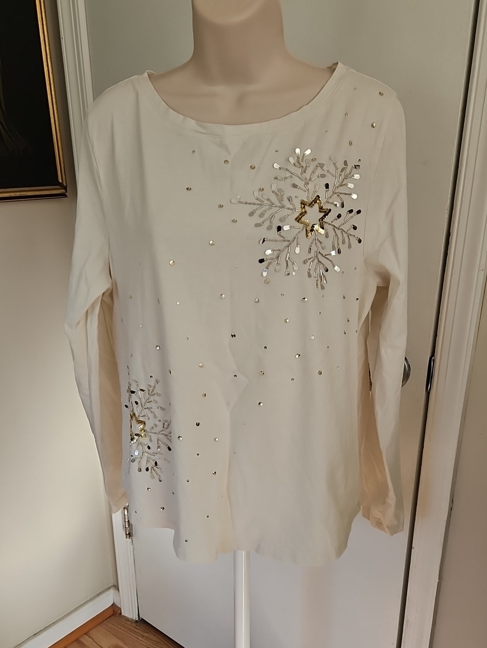 Talbots Embellished Crewneck Snowflake Top Size XL